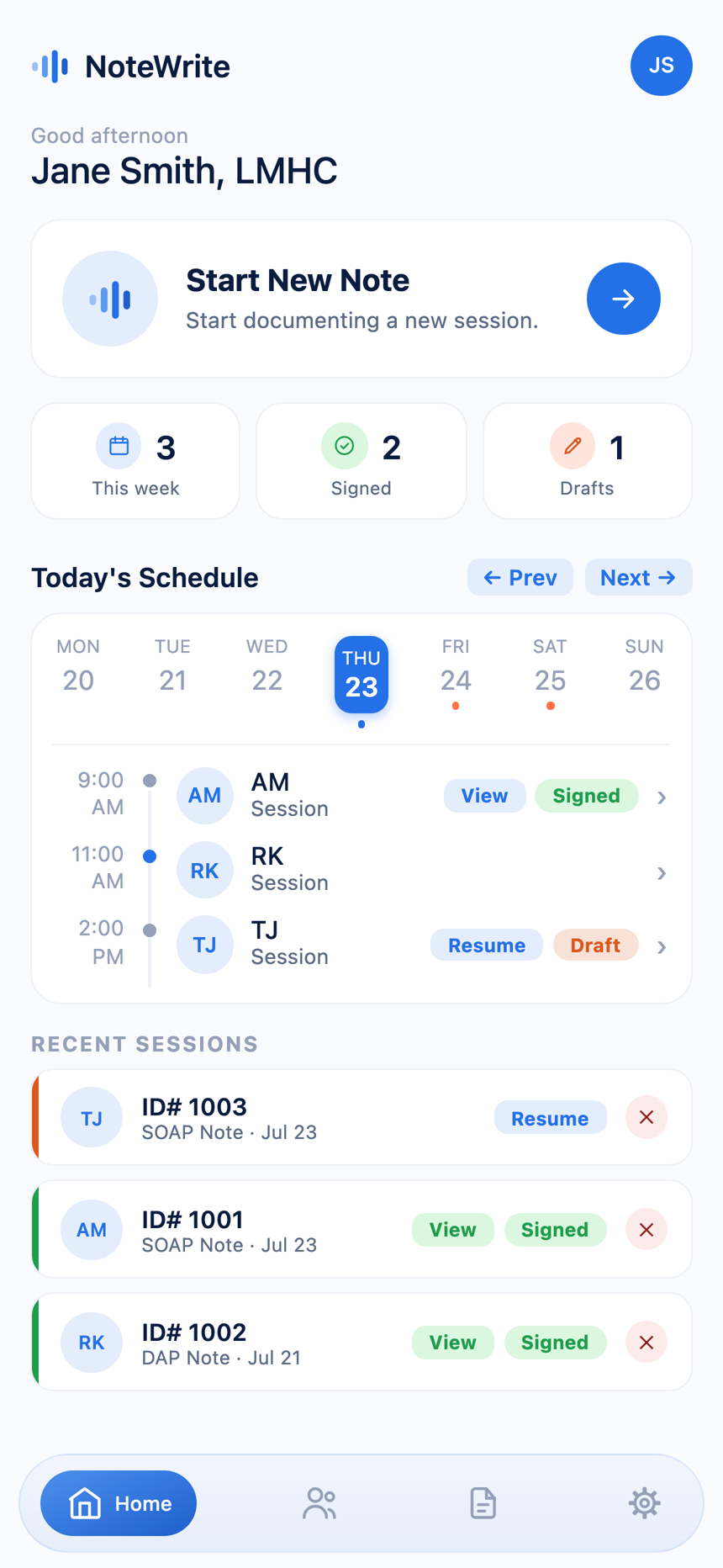 NoteWrite home screen showing today's schedule, recent sessions, and note status for a therapist's caseload