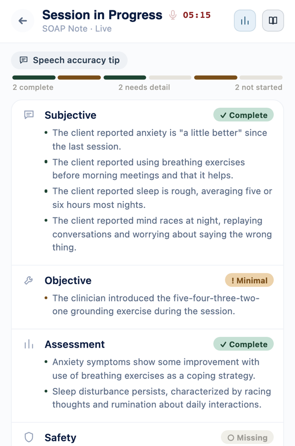 Live session screen showing captured clinical content organized by SOAP section