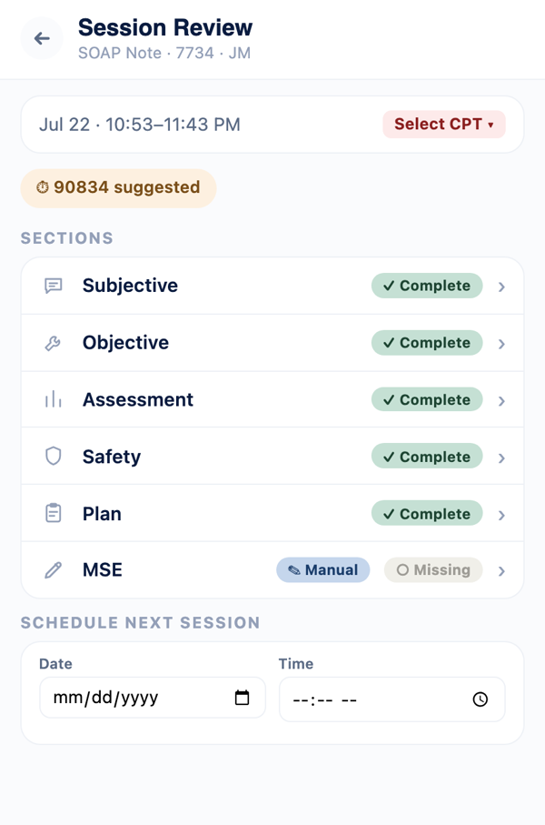 Post-session review screen showing extracted content ready for review